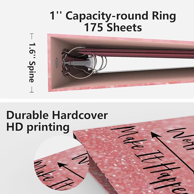 3 Ring Binder 1 Inch, Cute Pink Decorative Hardcover Low Profile Clipboard with Storage, 1'' Round Ring Binders for Letter Size Paper, Binder Organizer for School Office Supplies(Stay Positive)