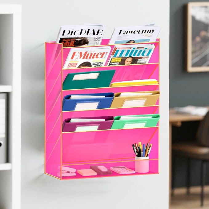 Gelite Hanging File Organizer Acrylic Wall File Holder for Office Vertical Paper Organizer Wall Mounted Magazine Rack, 5 Pockets, Neon Pink