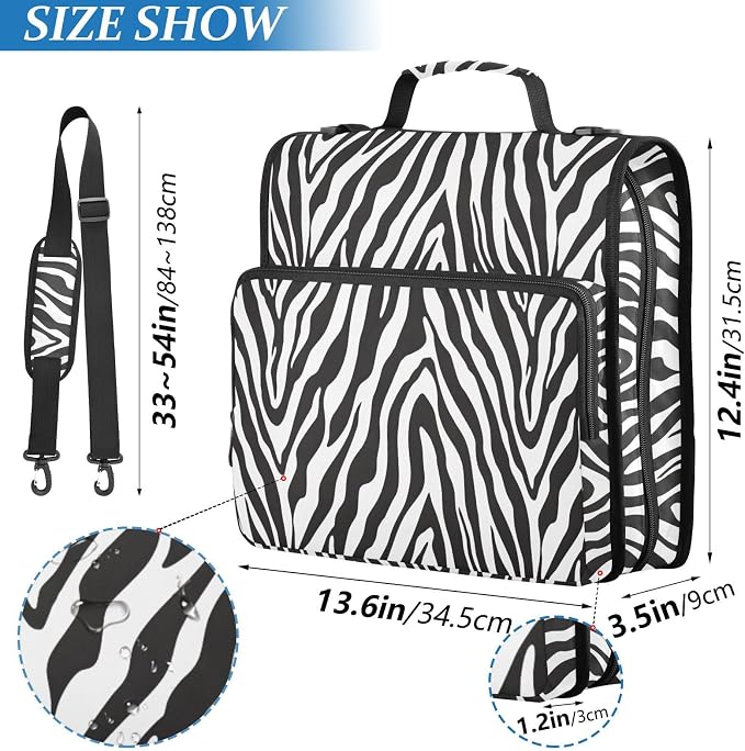 Zebra Skin Print Zipper Binder 3 Ring with Handle and Shoulder Strap, 500 Sheet Binder Organizer Capacity & Multi-Pockets for School Office