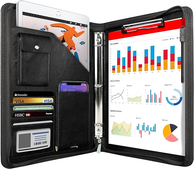 WRIYES Zippered Portfolio Organizer with 3 Ring Binder, Black | Leather Padfolio, Professional Business Binder, Organizer for iPad/Document, Phone & Business Cards