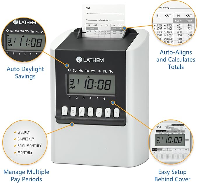 Lathem 700E Calculating Electronic Time Clock, Gray, 6.9" x 5.2" x 9.6"