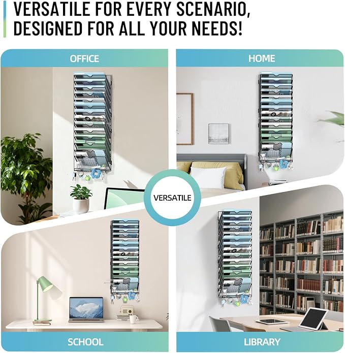 15-Tier Wall File Organizer with 5 Hooks, Wall Mounted Mail Organizer | File Holder Organizer, Metal Mesh Office Wall Organizer for Home, School & Classroom