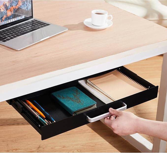 Under Desk Drawer Organizer 21", Large Desk Pencil Storage Drawer | Black, Under Cabinet Table, Heavy Duty Pull Out Shelf, Attachable for Workbench, Adjustable Brackets, Work Shop, Desk Lip