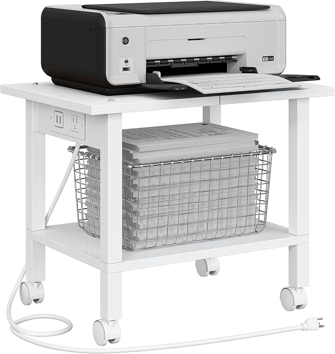 TUTOTAK Printer Stand, 2 Tier Rolling Printer Cart with Charging Station | Small Under Desk Printer Table with Wheels for Small Space, Office, Home, White PS01BW001P