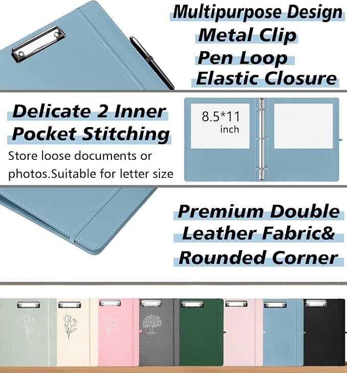 1 Inch 3 Ring Leather Binder Organizer, BVSSX Three Ring Binders with Clipboard, Plastic Folder, 5-Tabs Pocket Dividers with Sticker Labels, Pen Loop, Elastic Strap (Blue, Letter Size)