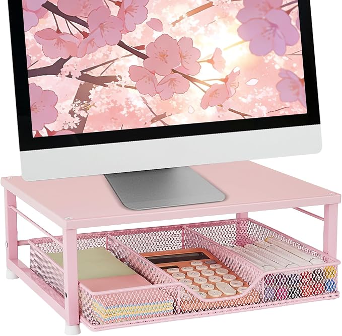 Small Pink Laptop Stand for Desk, Monitor Stand, Office Desk Accessories, Computer Desktop Stand with Drawer for Home, Office, School (Pink)