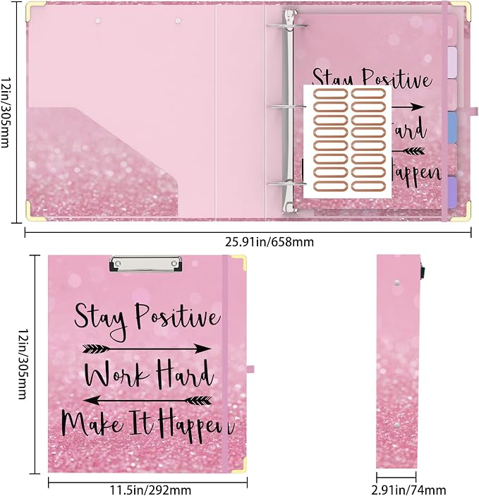 3 Ring Binder 2 Inch Round Ring Binder with 6 Tab Dividers，Cute Clipboard with Storage(Stay Positive)