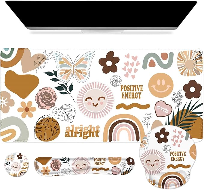 iCasso Sticker Keyboard Mat 35.4"x15.7", Desktop Mat for Workspace | Vintage Students Ergonomic Desk Pad with Keyboard Wrist Rest, Mousepad Set for Computer Study Office Workspace Area