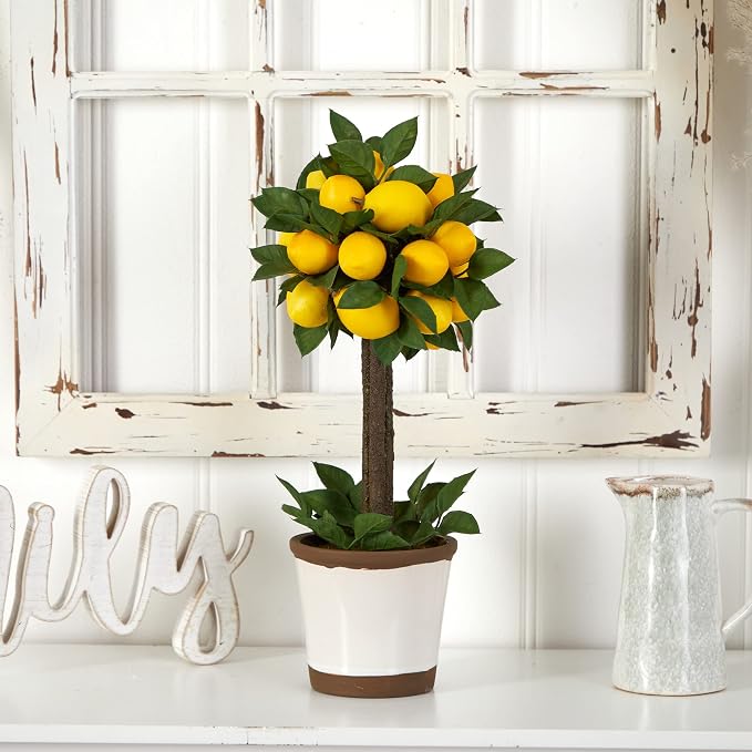 Nearly Natural Lemon Ball Topiary Arrangement, 19.5'' x 8.5'' x 8.75'' | Vibrant Citrus Fruits on a Stout Trunk, Elegant Decorative Pot Included, Maintenance-Free Accent for Home or Office Spaces