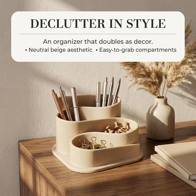 OAKOA Aesthetic Desk Organizer - Modern Desk Accessories - Boho Pen Holder | Beige Aesthetic Desk Accessories - Modern Cute Desk Organizer - Neutral Boho Desk Accessories - Desk Essentials for Women