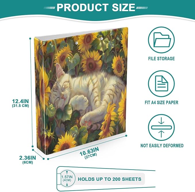 Custom 3 Ring Binder Cat in Sunflowers Field 1.5" Round Ring Binders Personalized Name View Binder with 200 Sheet for Women Men Office Kids School Supplies, 1 Pack