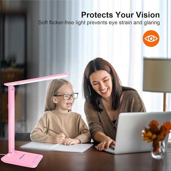 LED Desk Lamp for Office Home, Bright Desk Light with USB Charging Port, Adjustable Dimmable Desk Lamps 5 Modes 5 Brightness, Touch Study Lamp for Nail, Craft, Puzzle, Sewing, Study, Pink