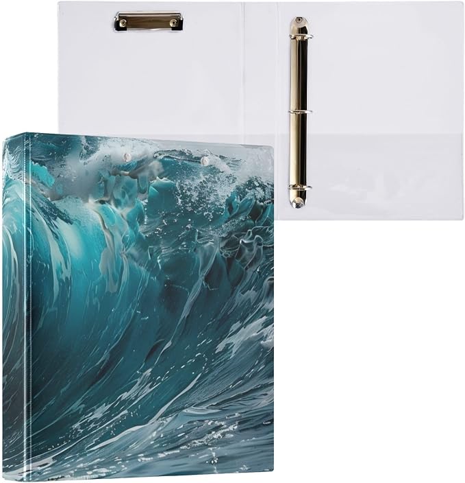 JIPONI 3 Ring Binder Large Ocean Wave 1 Inch Round Binders for Men Women Students, Cute File Organizer for Office School, 2pcs