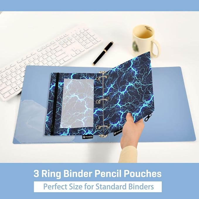 Dark Blue Electric Lightning Pencil Pouch for 3 Ring Binder, 2 Pack Waterproof Pencil Bags Clear Window Zipper School Office Supplies