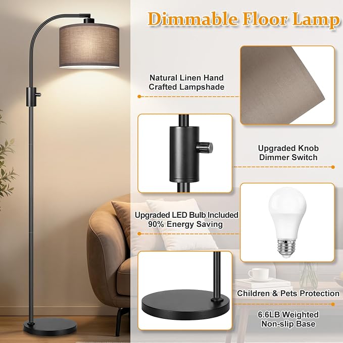 Nintiue Dimmable Black Floor Lamp, 1200 Lumens LED Edison Bulb Included, Arc Gold Floor Lamps for Living Room Modern Standing Lamp with Khaki Shade