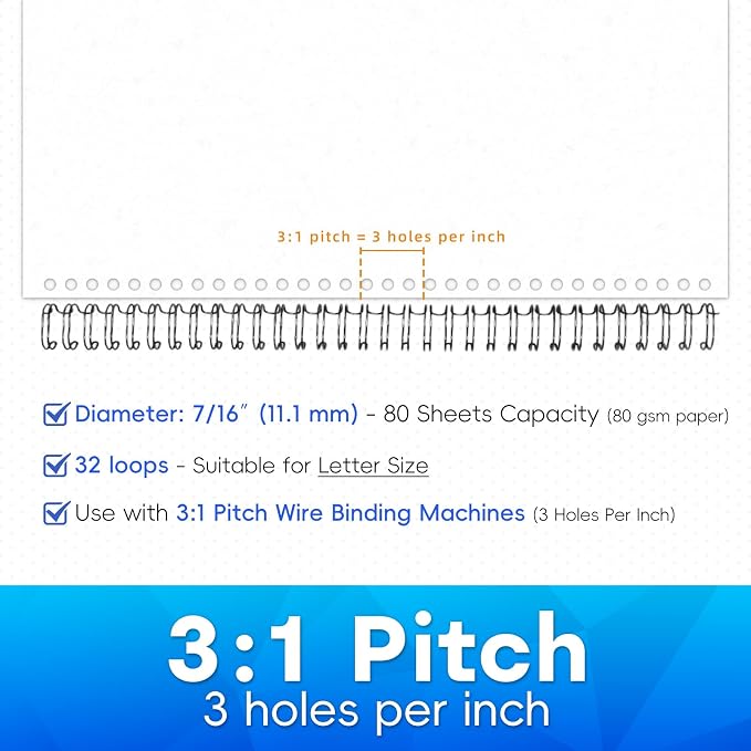 Rayson Wire Binding Spines, 7/16" 3:1 Pitch, 32-Loop Black, 100 Pack | Choose size and pack options; 32-loop wires fit 3:1 pitch binders for reports, manuals and projects.