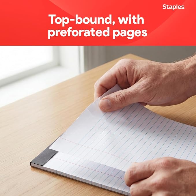 STAPLES Legal Pads, 8.5” x 11”, Wide Ruled, Perforated, 50 Sheets/Pad, 12‑Pack