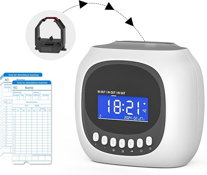 Time Clocks for Employees Small Business, Auto-Align Time Clock, 6 Punches per Day Time Machine | Clock in Machine for Employees with 50 Time Cards and 1 Ink Ribbon (Inside)