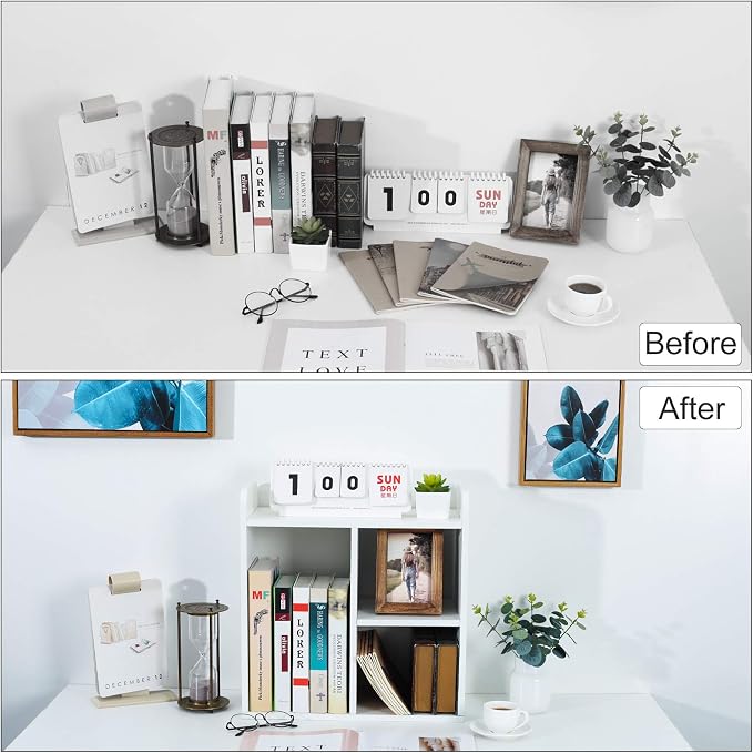Desktop Shelf Freestanding Wood Small Bookshelf Desk Supplies Organizers and Accessories Storage Display Rack Office Decor for Women, White