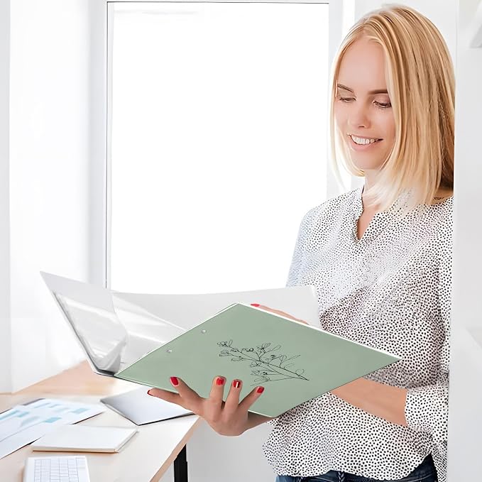 Sage Green Minimalist Floral Binder 3 Ring 1.5 Inch Binder with Clipboard&Pockets, Hardcover Binders Heavy Duty Large File Folder for Office School Supplies - Holds 200 Sheets