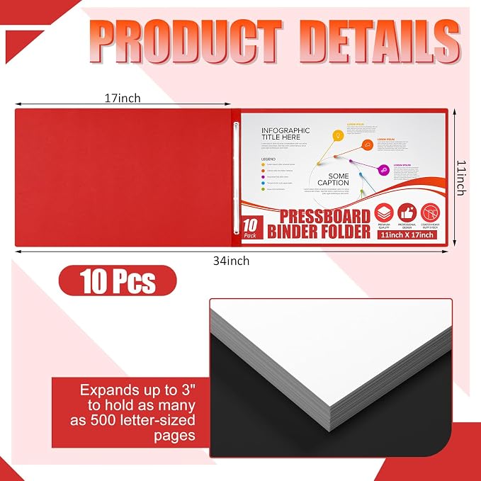 Resurhang 10 Pcs 11x17 Inch Pressboard Report Cover, 3" Capacity Presentation Binder Folder with Metal Prong Paper Fastener to Neatly Bind Reports Proposals Transcripts, Other Documents (Red)