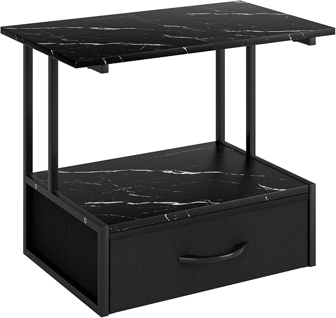 Masupu Printer Stand for Desk, Printer Table with Fabric Storage Drawer, 2 Tier Desktop Shelf, Multi-Purpose Desk Organizer for Home Office, 3D Printer, Fax Machine, Scanner, Marble Black