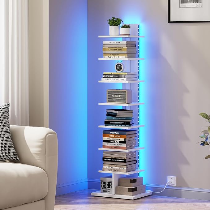 TUTOTAK Book Shelf, Narrow Spine Bookshelf, 8-Tier Bookcase with LED Lights | 10.4 x 13.4 x 47.5 Inches Vertical Freestanding Corner Shelf for Living Room, Office, Small Space, White BS06BW008L