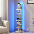 TUTOTAK Book Shelf, Narrow Spine Bookshelf, 8-Tier Bookcase with LED Lights | 10.4 x 13.4 x 47.5 Inches Vertical Freestanding Corner Shelf for Living Room, Office, Small Space, White BS06BW008L
