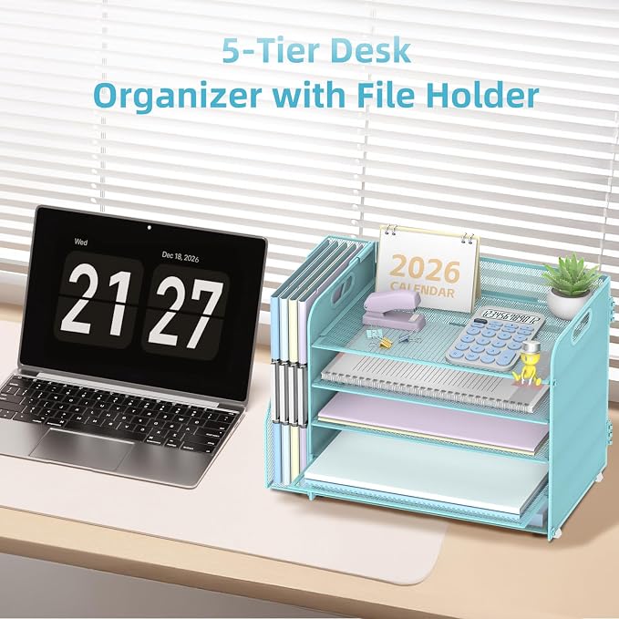 5-Tier Desk Organizer with File Holder, Paper Organizer for Desk, Blue | 5 Letter Trays and Vertical File Holder with Metal Mesh Frame for Papers Folders Books and Mail in Office Home or School