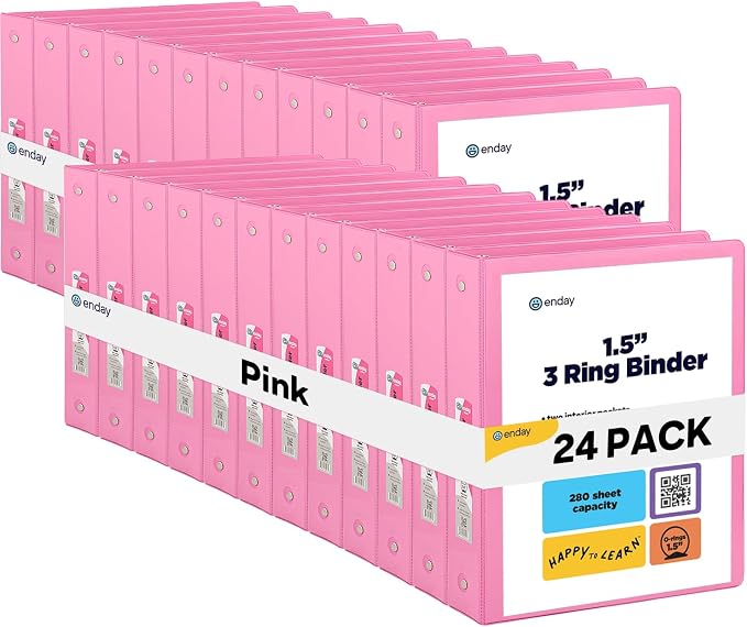 Enday 1.5 Inch Binder (24 Pack - Pink) 3 Ring Binder 1.5 inch with Clear View Cover and 2 Inside Pocket - for Letter Size 8.5 x 11'' Paper, Ideal for School Supplies, Office, and Home