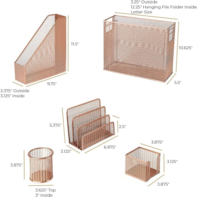 BLU MONACO Rose Gold Desk Organizer Set | 5-Piece Metal Desktop Organization Kit With File Holder, Magazine Rack, Pen Cup, Sticky Note Holder and Letter Sorter | Stylish Office Accessories