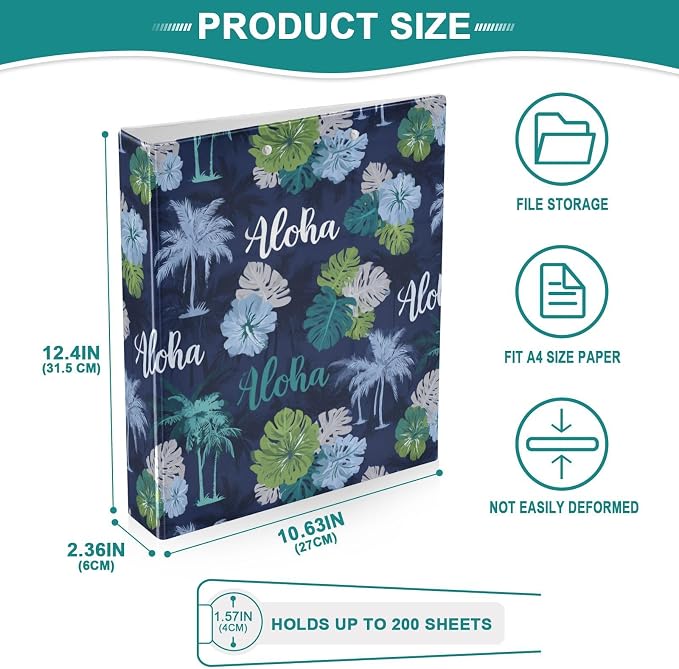 Dark Blue Aloha Tropical Monstera Binder 3 Ring 1.5 Inch Binder with Clipboard&Pockets, Hardcover Binders Heavy Duty Large File Folder for Office School Supplies - Holds 200 Sheets