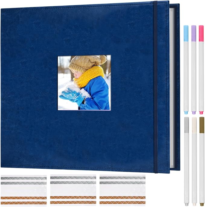 12x12 in Scrapbook Album 3-Ring Binder, 30 Sleeves Navy | DIY photo memory book, 60 pages, PVC protected acid-free, for wedding travel family keepsake
