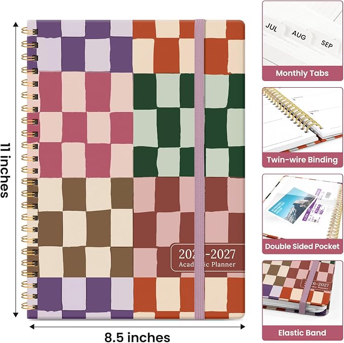 Taja Planner 2026-2027, Jul 2026-Jun 2027 Monthly & Weekly Calendar Planner | 8.5" x 11", Hardcover Academic Calendar, Teacher Student Agenda Book with Tabs, School Office Supplies, Checkered