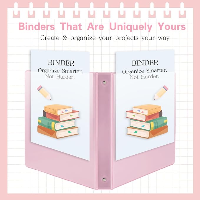 1 Inch 3 Ring Binder with Pockets - 6 Pack Binders Bulk for US Letter Size Paper, Multicolor for Office, Home,Work,School Use(Pink Binder)