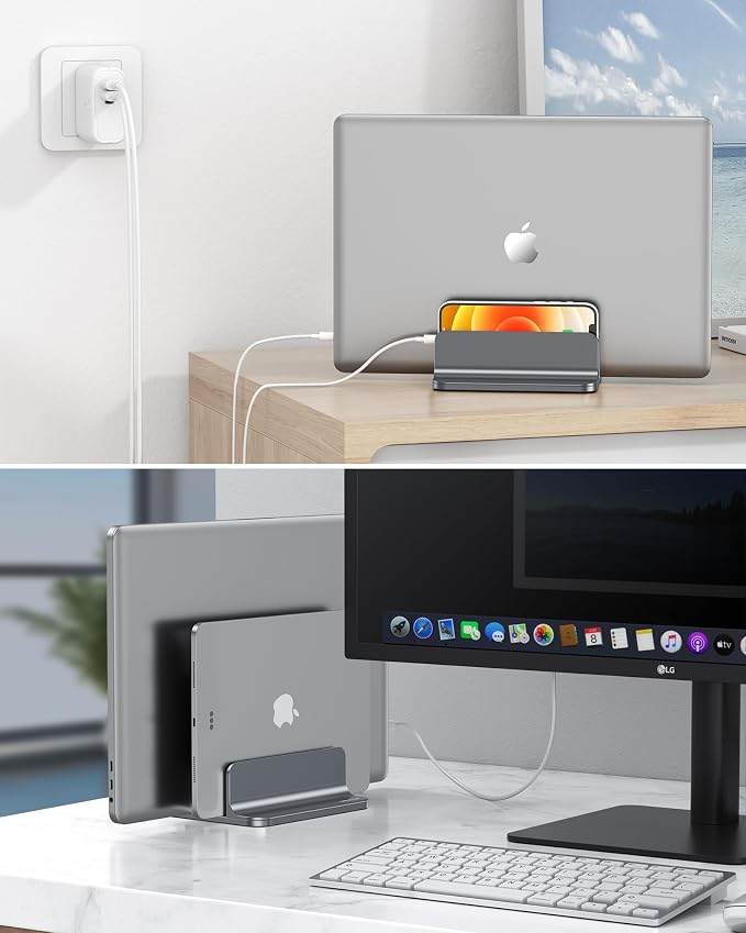 OMOTON Dual Vertical Desk Laptop Stand Holder, Fits MacBook Air/Pro, Grey | Aluminum Laptop Storage Rack for Desk, Adjustable Dock for Up to 17.3 in. Gaming Laptop, Space-Saving Desk Organizer