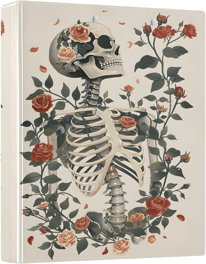 3 Ring Binder Skeleton and Roses 1.5" Round Ring Binders View Binder with 200 Sheet for Women Men Office Kids School Supplies, 1 Pack