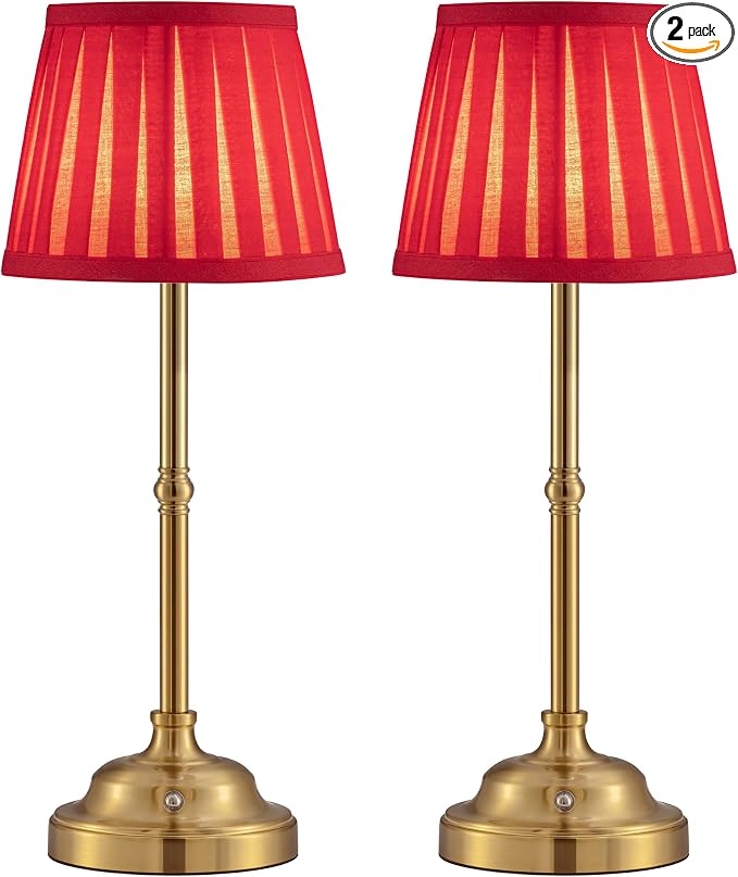 KDG Gold Cordless LED Table Lamps Set of 2, Red Fabric Shade Desk Lamps | Portable 4000mAh Rechargeable Battery Powered, Dimmable Lighting for Dining Room, Bedroom, Bedside, Night Light, Balcony