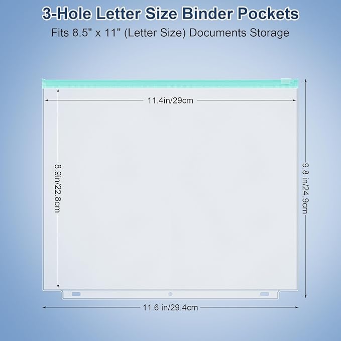 Antner 20PCS Letter Size Binder Pockets for 3 Ring Binder, 10 Assorted Colors Zipper Pouches Waterproof PVC Document Organizer File Folders 3-Hole Loose Leaf Insert Bags Page Sleeves Sheet Protectors