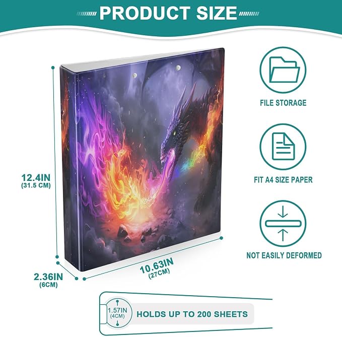 3 Ring Binder Dragon Spitting Fire 1.5" Round Ring Binders View Binder with 200 Sheet for Women Men Office Kids School Supplies, 1 Pack