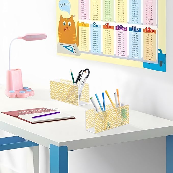 Yellow Geometric Figure Acrylic Printed Pen Holder 4 Compartments, Acrylic Plastic Pen Holder Cosmetic Brush Holder Desk Pen Holder Marker Organizer Square Acrylic Pen Holder 4 Compartments