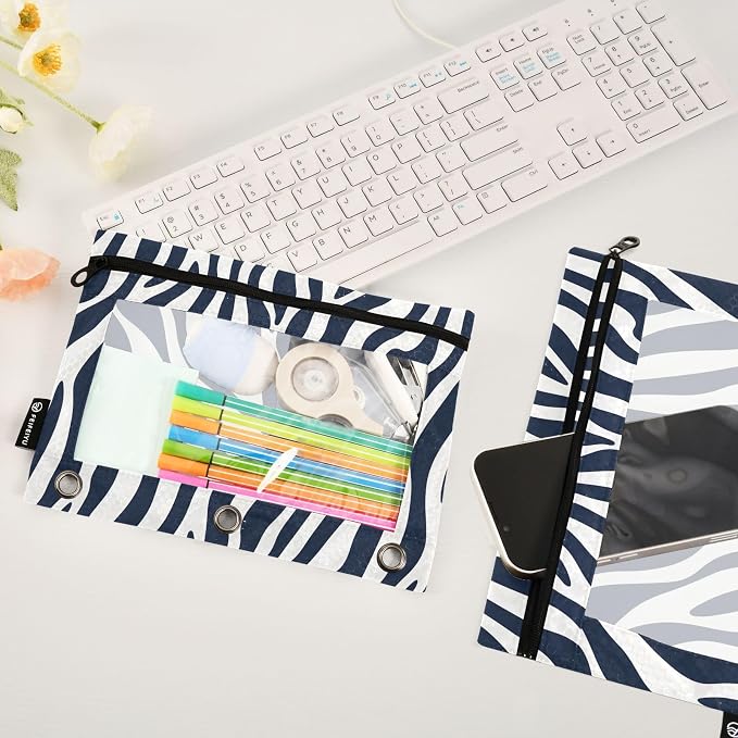 Blue White Zebra Print Pencil Pouch for 3 Ring Binder, 2 Pack Waterproof Pencil Bags Clear Window Pencil Case Zipper School Office Supplies
