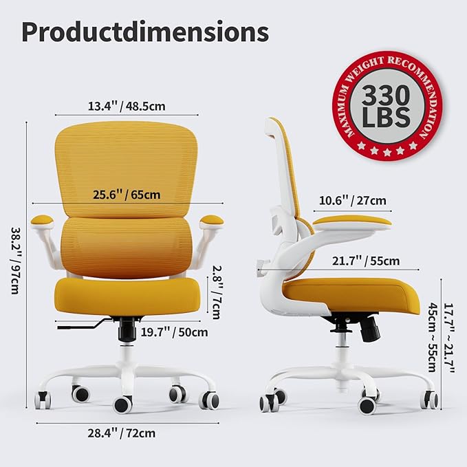 TRALT Office Chair - Ergonomic Desk Chair with Adjustable Lumbar Support, Mesh Computer Chair, Executive Chair for Home Office Comfortable Lumbar Support (1, White Yellow)