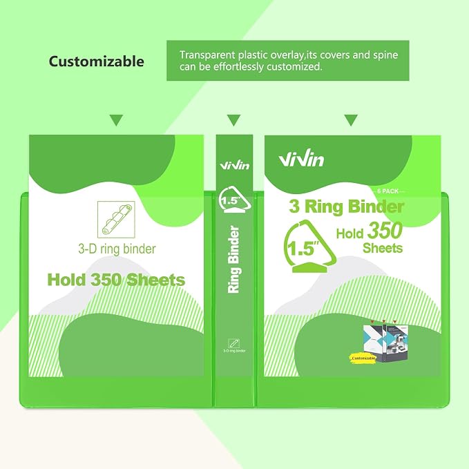 ViVin Sturdy 1.5 Inch 3 Ring Binder with 2 Pockets, 6 Pack, Ivy Green | Slant-D Ring Binder, PVC-Free, Customizable Clear View Binder,Holds 350 Sheets of 8.5" x 11" Paper for Office, Home, School