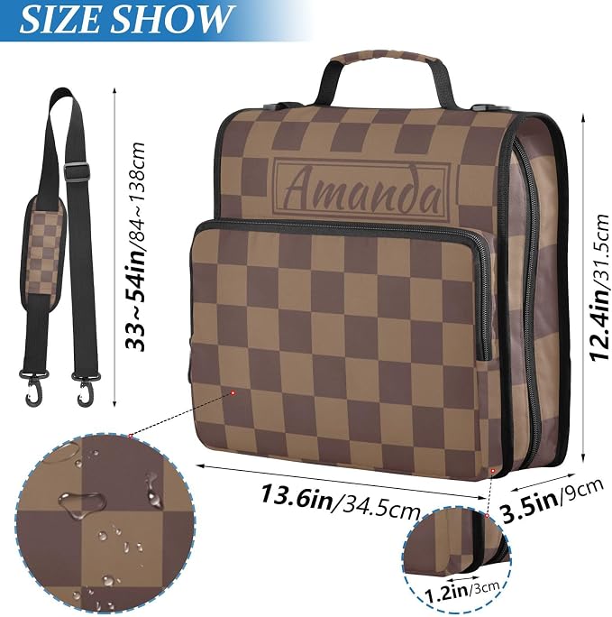 Custom 3 Ring Zipper Binder Brown Checkerboard B Personalized Name 1.5 inch Binders Large Capacity Multi Pockets for School Office Supplies