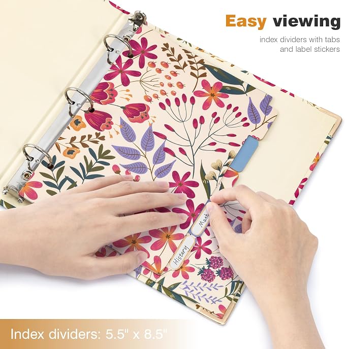 Ospelelf Mini 3 Ring Binder 1 Inch, Cute Binder for 5.5" x 8.5" with 5 Tab Dividers, File Folder Labels and Low Profile Clipboards, Floral Binders for School and Office Supplies