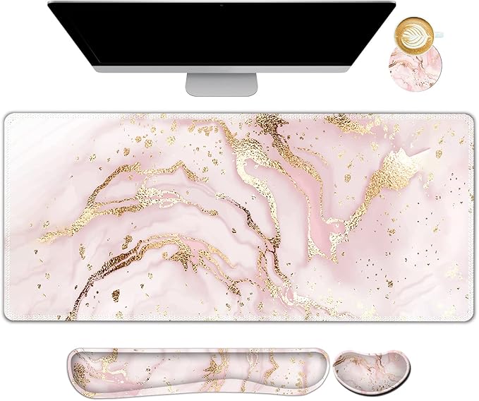 Large Gaming Mouse Pad, Keyboard Wrist Rest Pad & Wrist Support Mousepad Set, Stitched Edge, Extended, Non-Slip Base, Memory Foam,Multifunctional Desk Mat 4pcs for Office & Home, Pink Marble