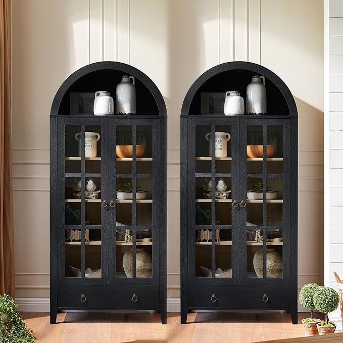 RowyPoey 71" Tall Arched Cabinet Bookshelf with Glass Door & Storage Drawer | Modern Farmhouse Display Cabinet,Adjustable Shelves,Wood Bookshelf,Kitchen Pantry for Dining Room,Living Room,Office,Black