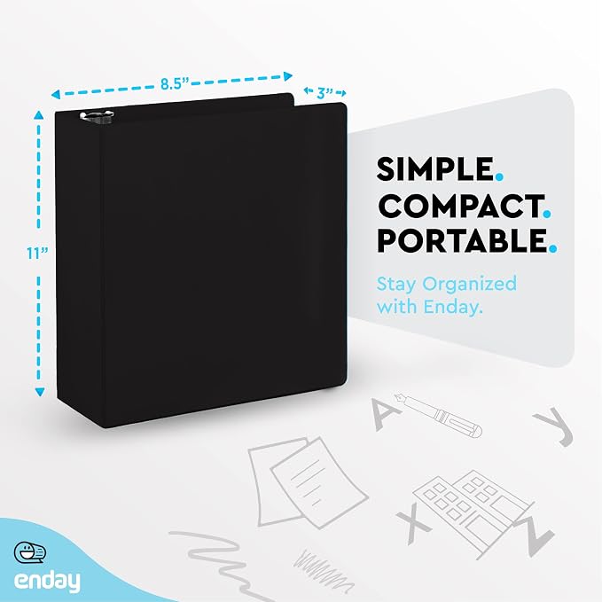 Enday 3 inch Binder (6 Pack - Black) 3 Ring Binder 3 inch with Clear View Cover and 2 Inside Pocket - for Letter Size 8.5 x 11'' Paper, Ideal for School Supplies, Office, and Home