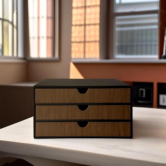 UnionBasic Document Organizer, 3-Drawer File Cabinet Document Storage Box, Office Desktop Filing Organizer, Black with Wood Grain Drawers
